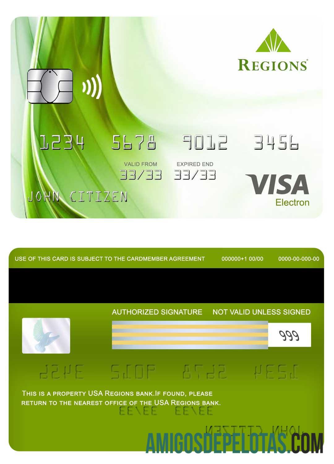 Cartão Visa Electron do Banco Regional dos EUA exemplo real